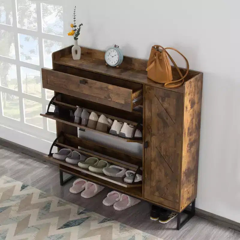 Slim Shoe Cabinet with 2 Flip Drawers & Side Cabinet, Space-Saving Entryway & Closet Organizer
