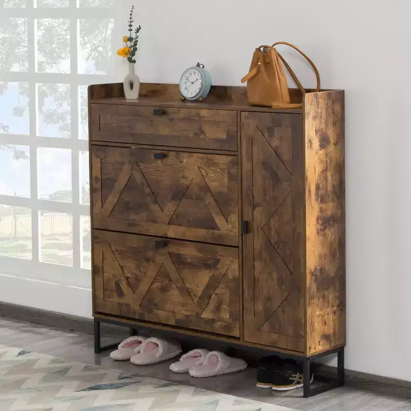 Slim Shoe Cabinet with 2 Flip Drawers & Side Cabinet, Space-Saving Entryway & Closet Organizer