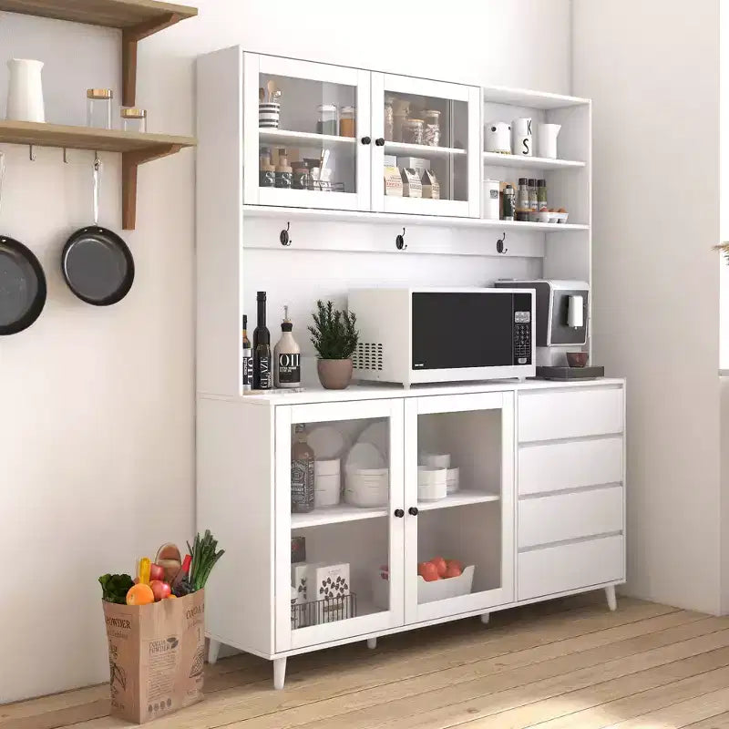 Large Kitchen Hutch Cabinet, Freestanding Pantry with 4 Drawers & 4 Doors, Walnut Finish