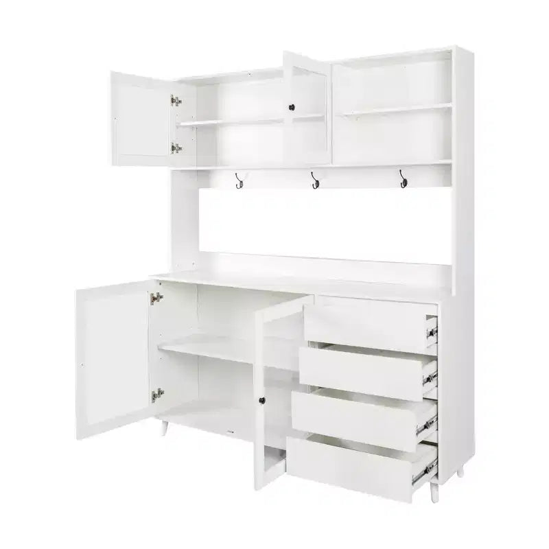 Large Kitchen Hutch Cabinet, Freestanding Pantry with 4 Drawers & 4 Doors, Walnut Finish