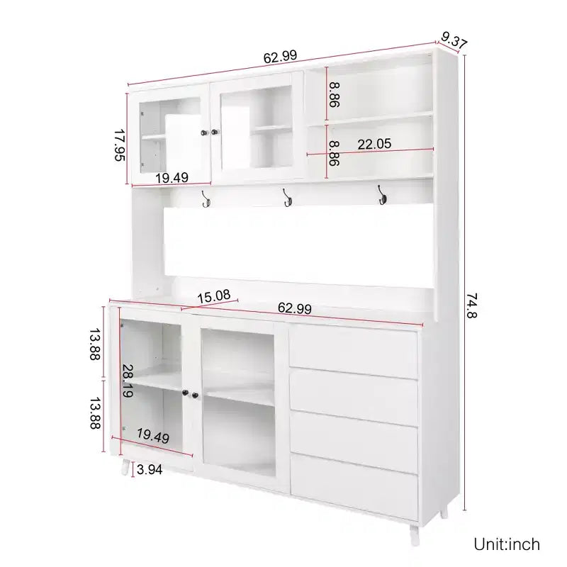 Large Kitchen Hutch Cabinet, Freestanding Pantry with 4 Drawers & 4 Doors, Walnut Finish