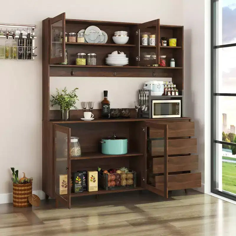 Large Kitchen Hutch Cabinet, Freestanding Pantry with 4 Drawers & 4 Doors, Walnut Finish