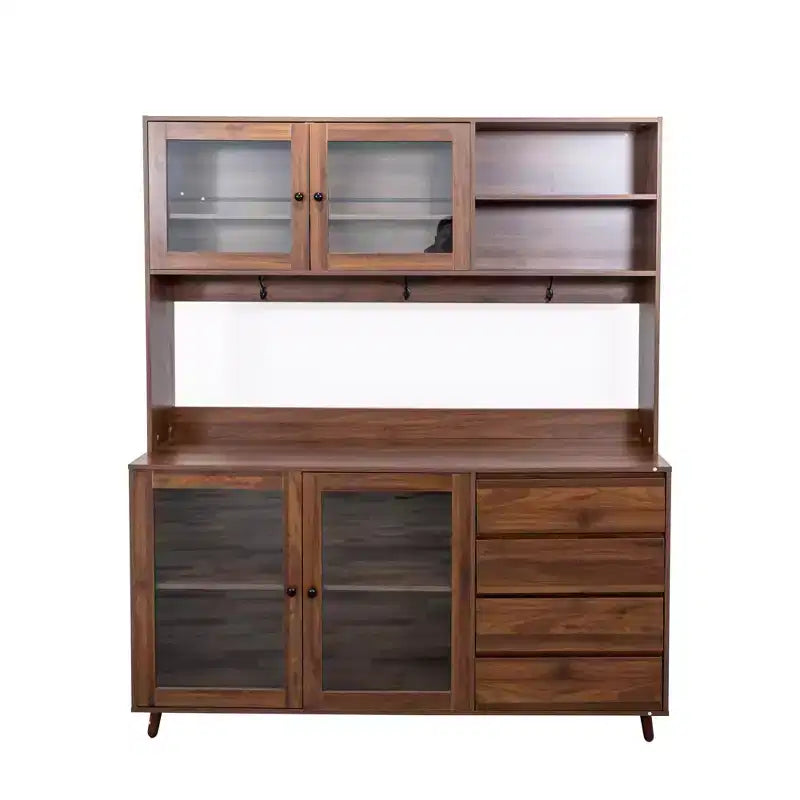 Large Kitchen Hutch Cabinet, Freestanding Pantry with 4 Drawers & 4 Doors, Walnut Finish