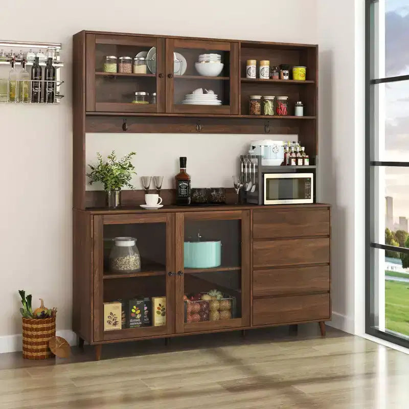 Large Kitchen Hutch Cabinet, Freestanding Pantry with 4 Drawers & 4 Doors, Walnut Finish