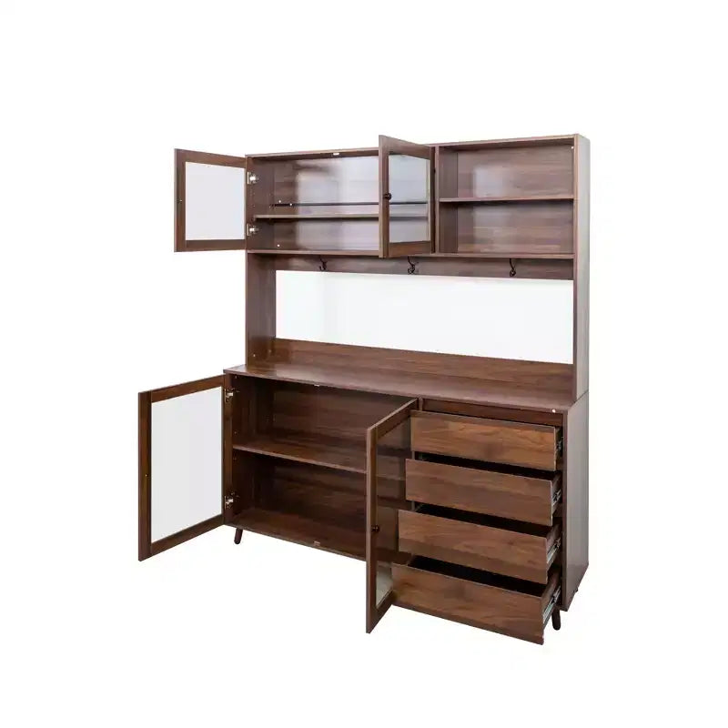 Large Kitchen Hutch Cabinet, Freestanding Pantry with 4 Drawers & 4 Doors, Walnut Finish