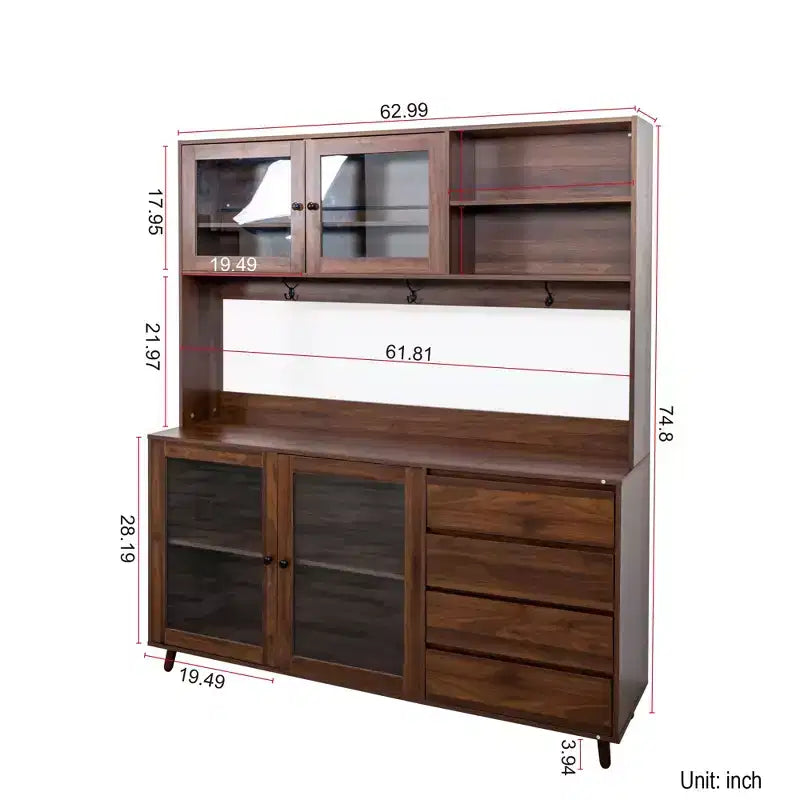 Large Kitchen Hutch Cabinet, Freestanding Pantry with 4 Drawers & 4 Doors, Walnut Finish