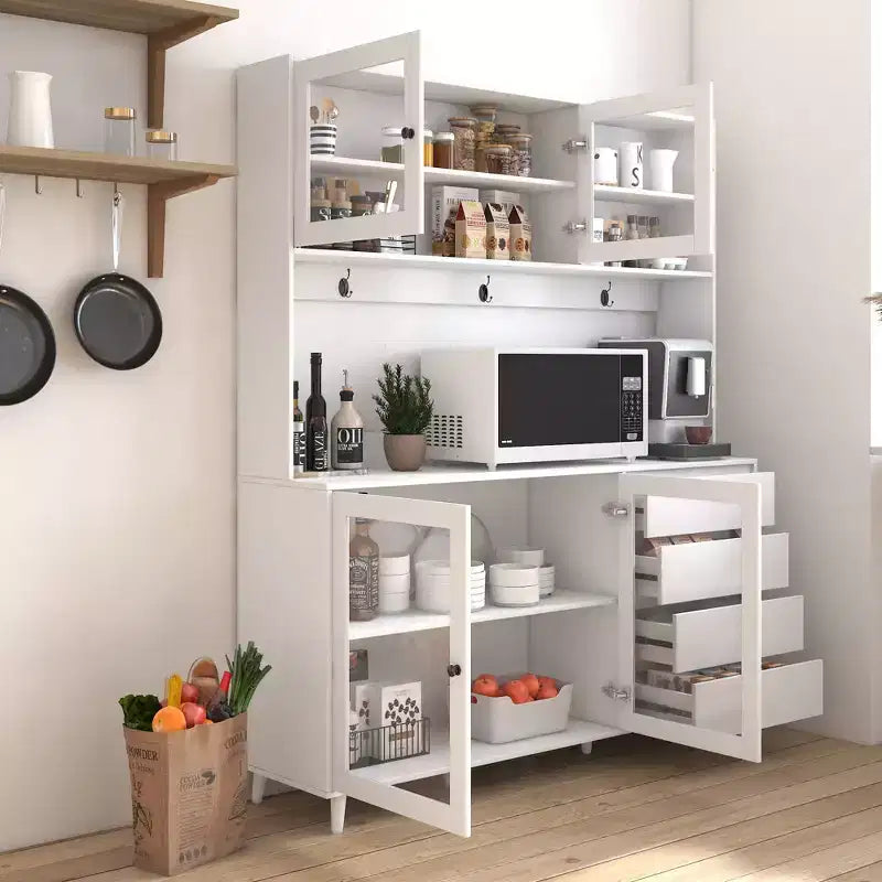 Large Kitchen Hutch Cabinet, Freestanding Pantry with 4 Drawers & 4 Doors, Walnut Finish