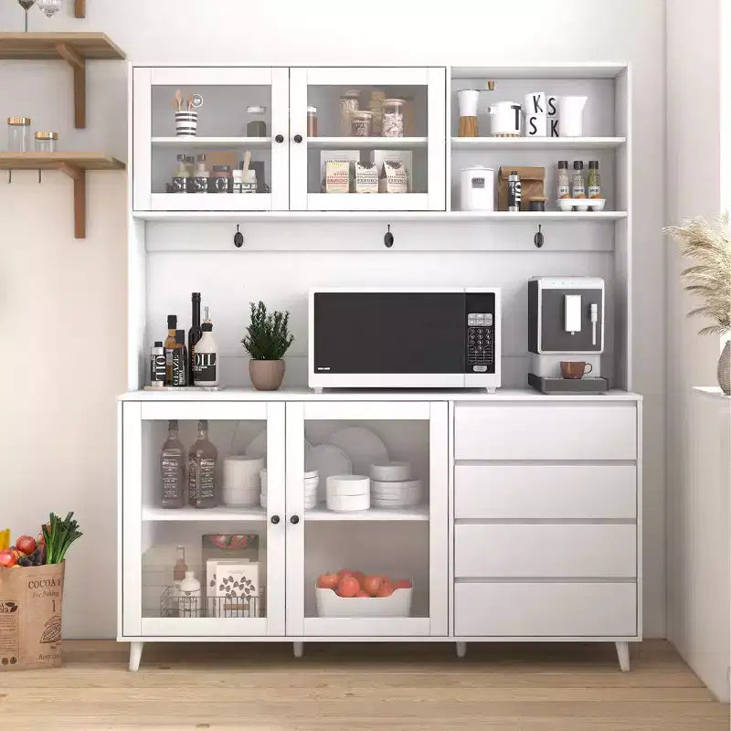 Large Kitchen Hutch Cabinet, Freestanding Pantry with 4 Drawers & 4 Doors, Walnut Finish