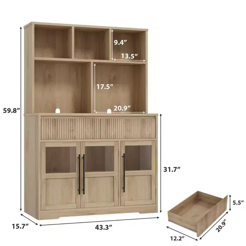60" Tall Kitchen Pantry Cabinet with Glass Doors & Drawers, Living Room & Dining Room Storage