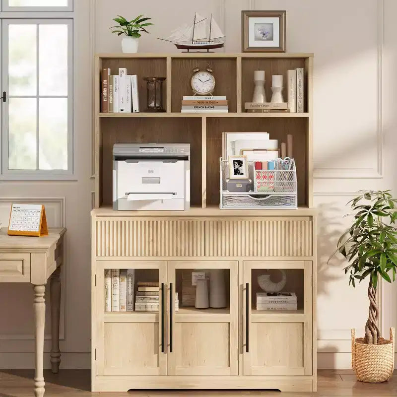 60" Tall Kitchen Pantry Cabinet with Glass Doors & Drawers, Living Room & Dining Room Storage