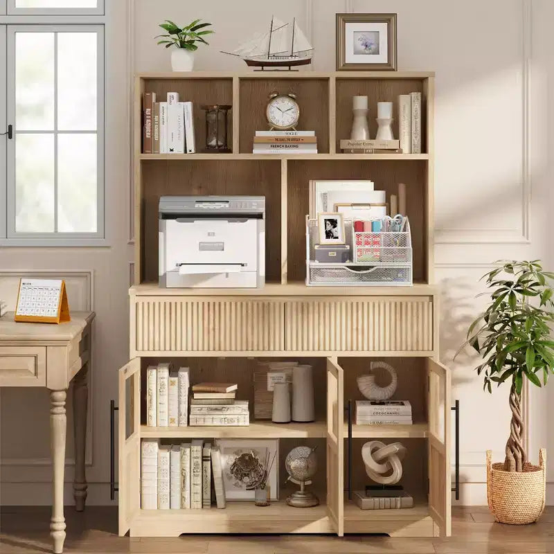 60" Tall Kitchen Pantry Cabinet with Glass Doors & Drawers, Living Room & Dining Room Storage