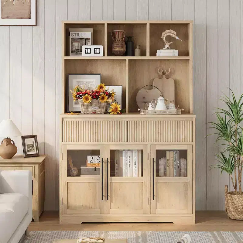 60" Tall Kitchen Pantry Cabinet with Glass Doors & Drawers, Living Room & Dining Room Storage