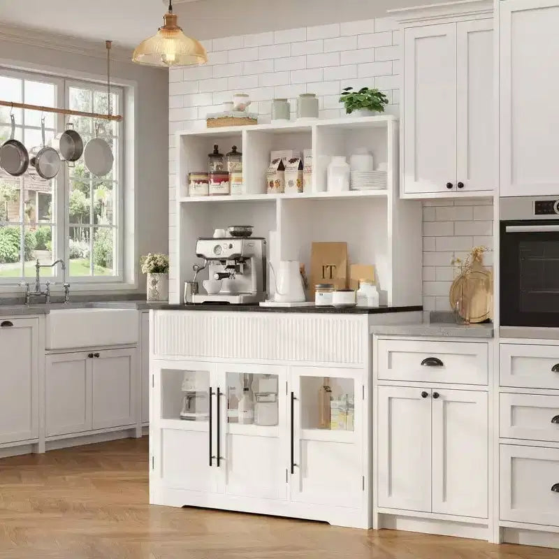 60" Tall Kitchen Pantry Cabinet with Glass Doors & Drawers, Living Room & Dining Room Storage