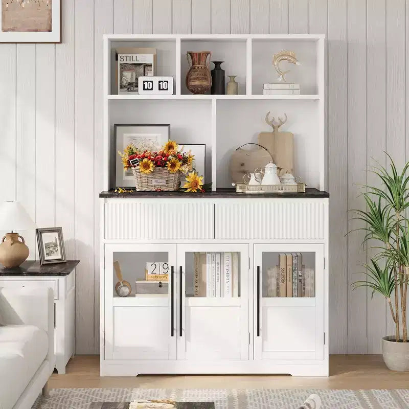 60" Tall Kitchen Pantry Cabinet with Glass Doors & Drawers, Living Room & Dining Room Storage