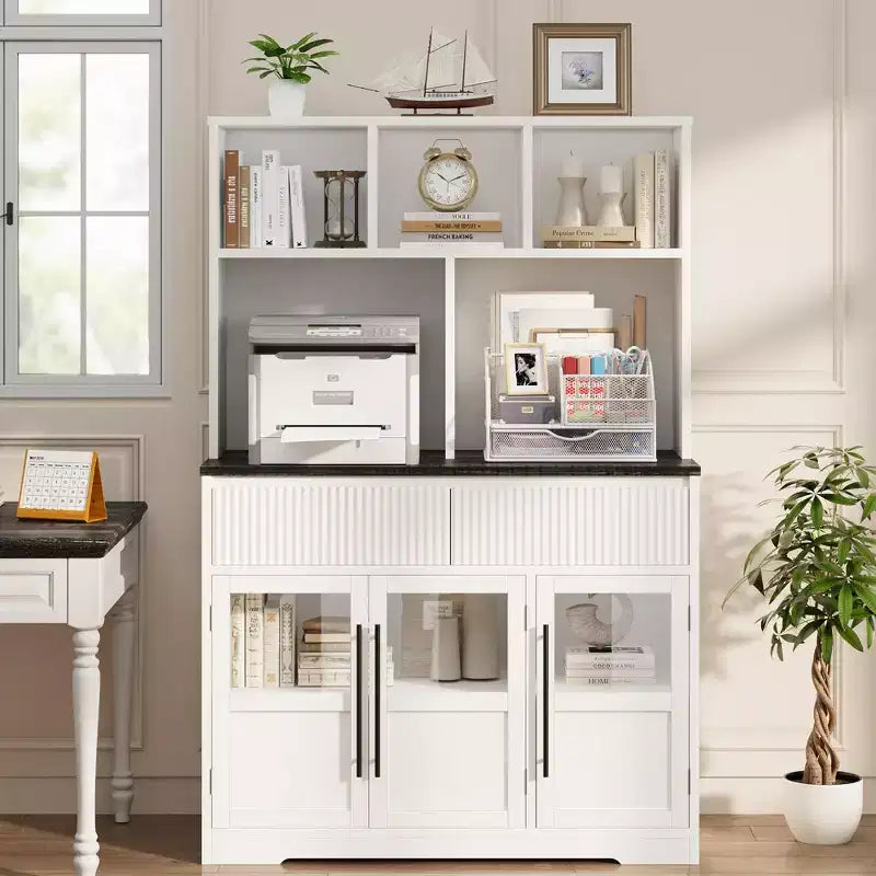 60" Tall Kitchen Pantry Cabinet with Glass Doors & Drawers, Living Room & Dining Room Storage