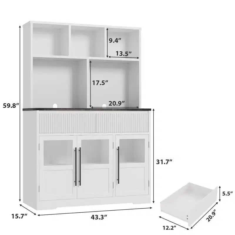 60" Tall Kitchen Pantry Cabinet with Glass Doors & Drawers, Living Room & Dining Room Storage