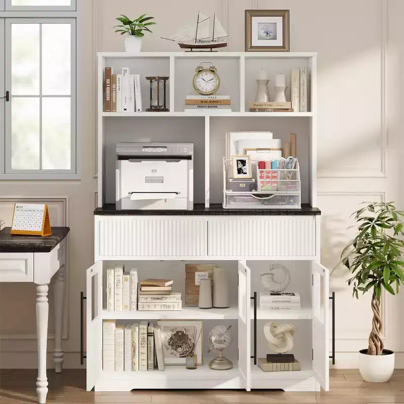 60" Tall Kitchen Pantry Cabinet with Glass Doors & Drawers, Living Room & Dining Room Storage