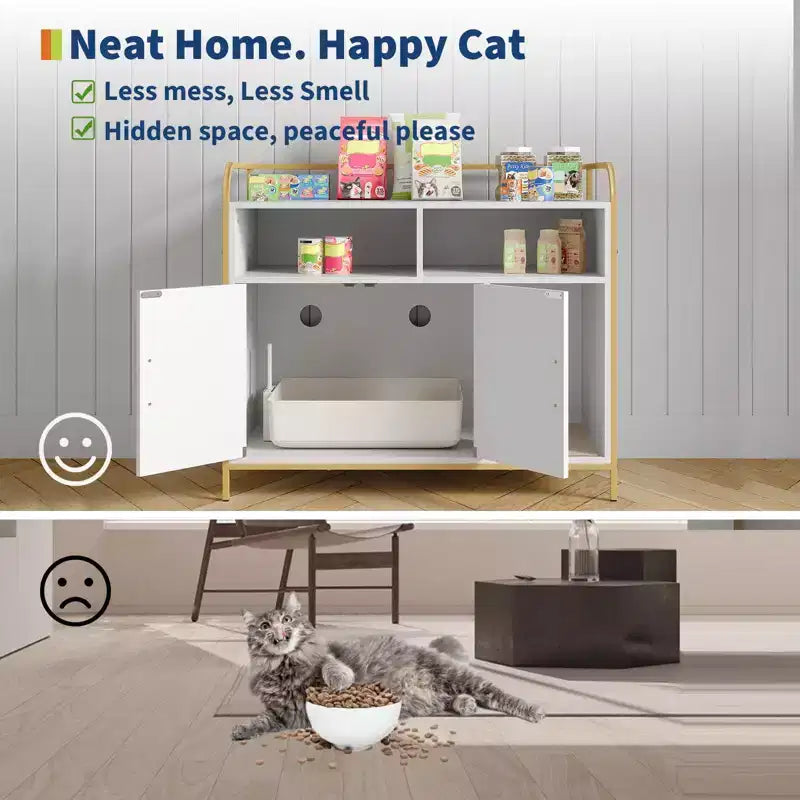 Meuble Cache-litière, Meuble de Rangement Multifonctionnel avec Porte Coulissante, Ventilation et Entrée Latérale