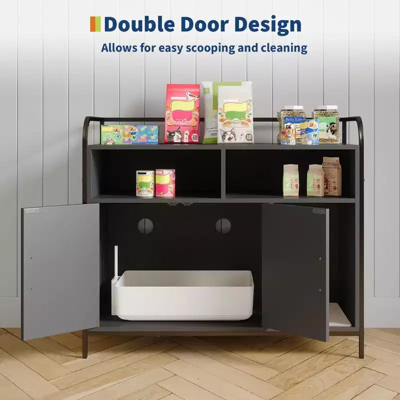 Meuble Cache-litière, Meuble de Rangement Multifonctionnel avec Porte Coulissante, Ventilation et Entrée Latérale