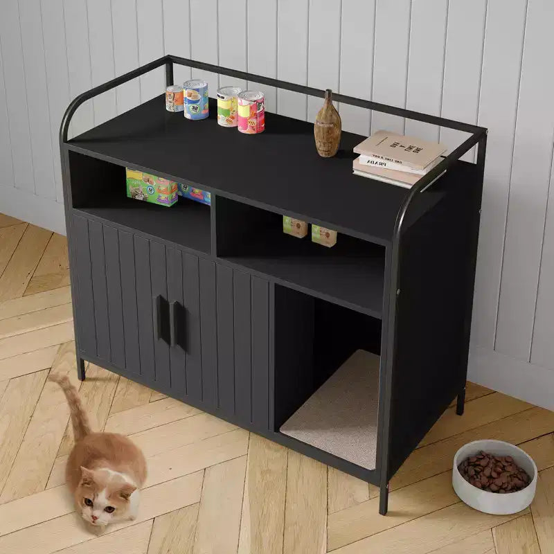 Meuble Cache-litière, Meuble de Rangement Multifonctionnel avec Porte Coulissante, Ventilation et Entrée Latérale