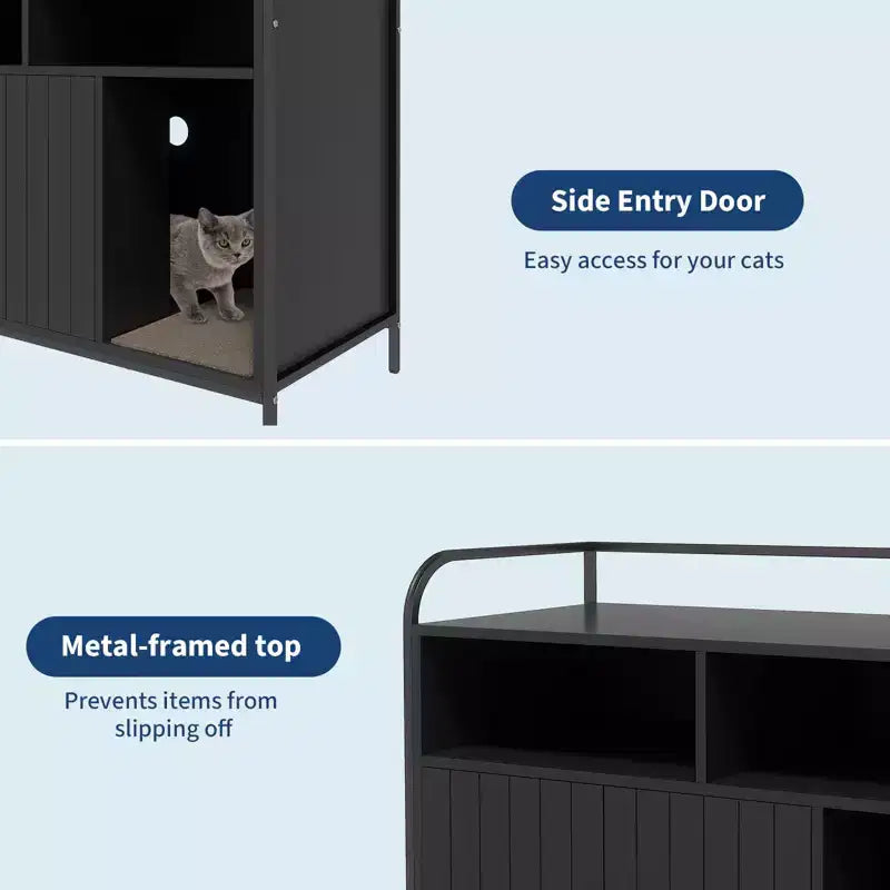 Meuble Cache-litière, Meuble de Rangement Multifonctionnel avec Porte Coulissante, Ventilation et Entrée Latérale