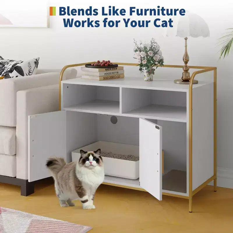 Meuble Cache-litière, Meuble de Rangement Multifonctionnel avec Porte Coulissante, Ventilation et Entrée Latérale