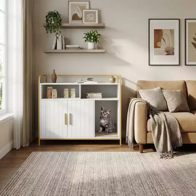 Meuble Cache-litière, Meuble de Rangement Multifonctionnel avec Porte Coulissante, Ventilation et Entrée Latérale