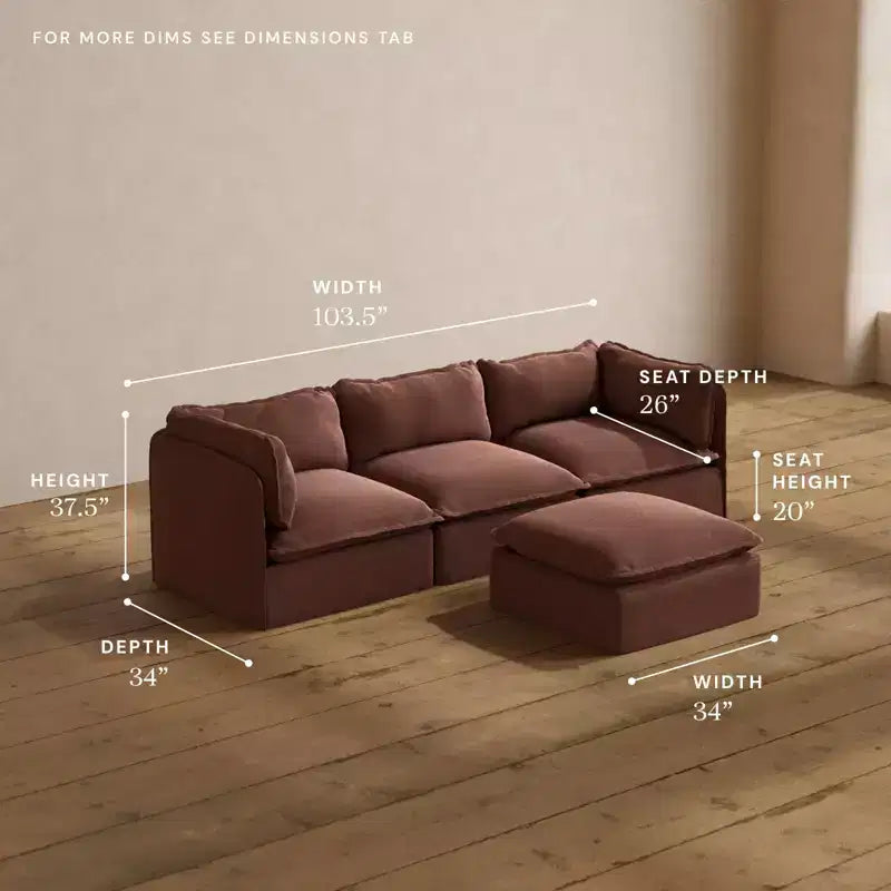 Canapé modulaire 3 places lavable avec pouf, assise en mousse à mémoire de forme et oreiller ergonomique