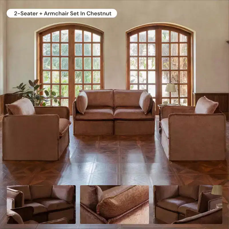 Canapé modulaire 3 places lavable avec pouf, assise en mousse à mémoire de forme et oreiller ergonomique