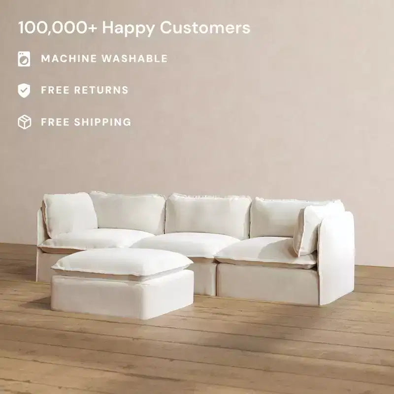 Canapé modulaire 3 places lavable avec pouf, assise en mousse à mémoire de forme et oreiller ergonomique