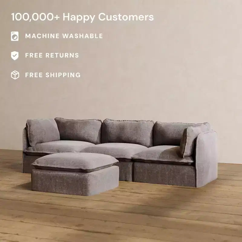 Canapé modulaire 3 places lavable avec pouf, assise en mousse à mémoire de forme et oreiller ergonomique