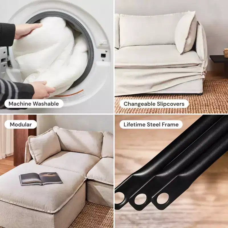 Canapé modulaire 3 places lavable avec pouf, assise en mousse à mémoire de forme et oreiller ergonomique