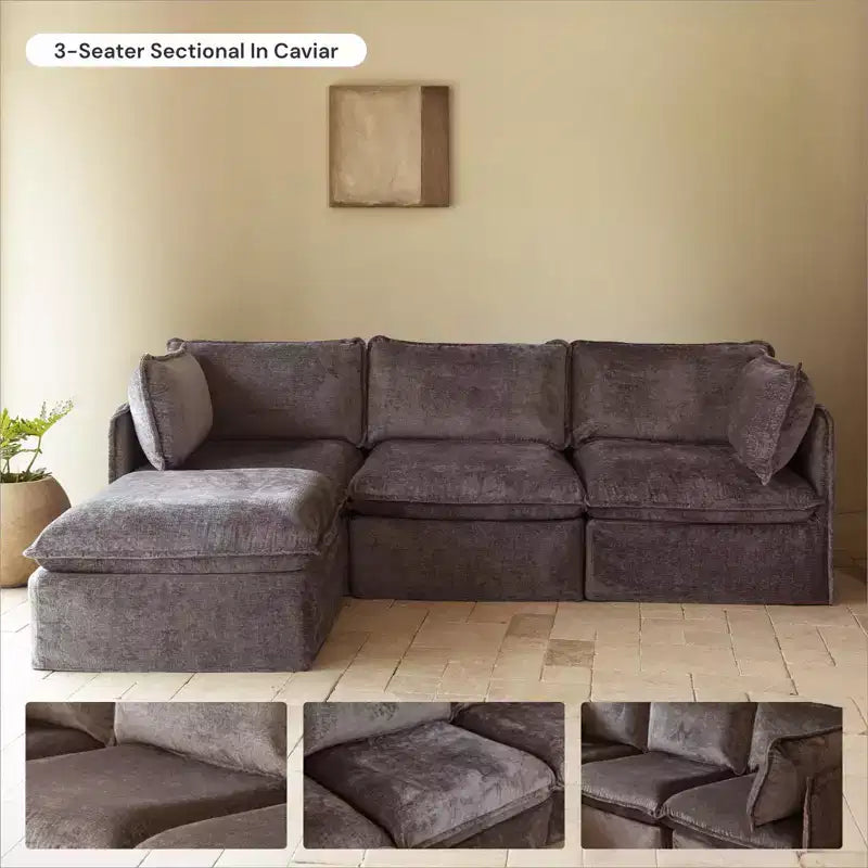 Canapé modulaire 3 places lavable avec pouf, assise en mousse à mémoire de forme et oreiller ergonomique