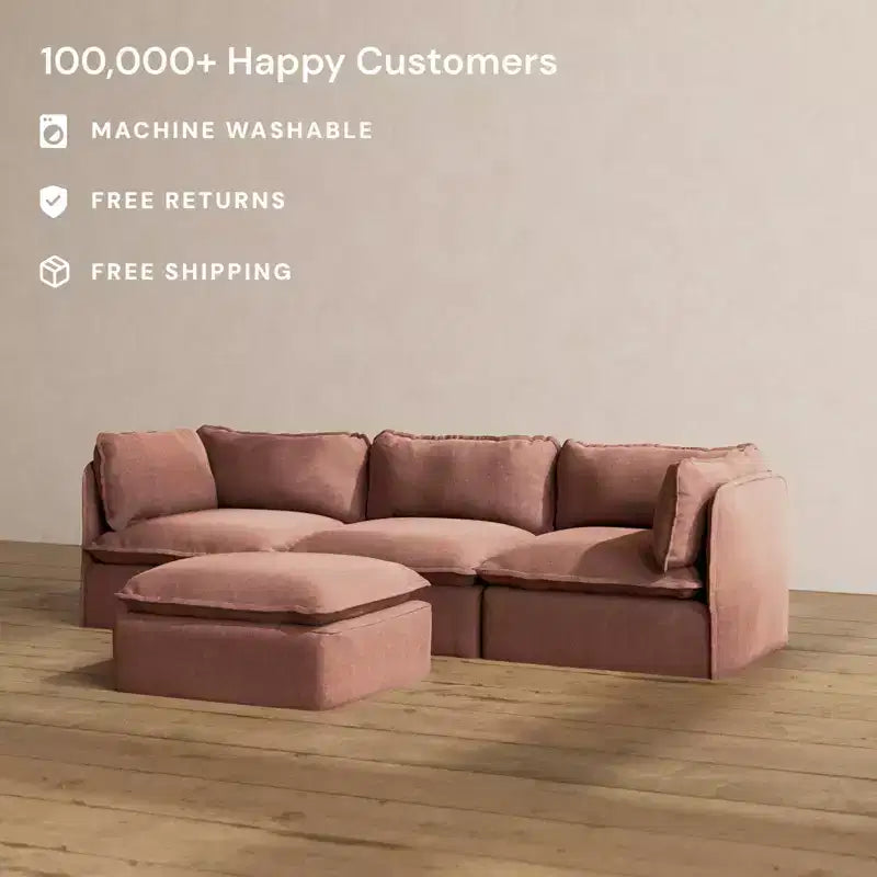 Canapé modulaire 3 places lavable avec pouf, assise en mousse à mémoire de forme et oreiller ergonomique