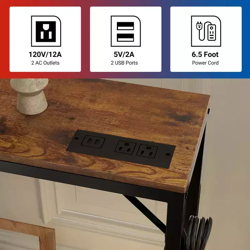 Console étroite noire avec prises de courant et ports USB, table d'appoint fine en métal et bois