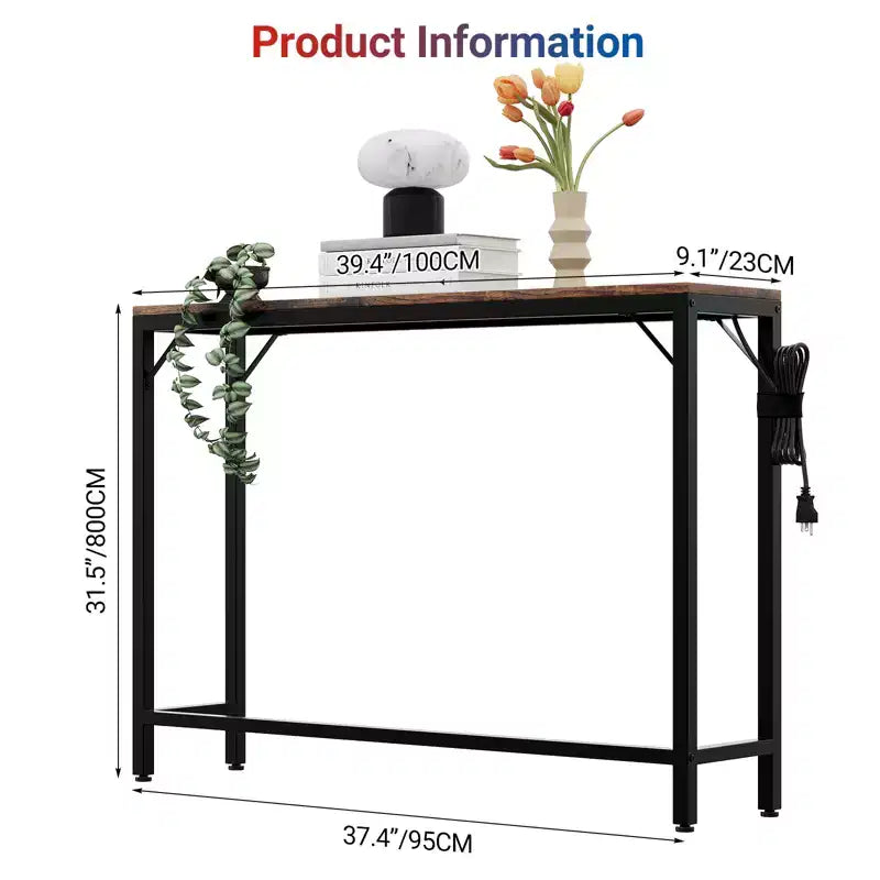 Console étroite noire avec prises de courant et ports USB, table d'appoint fine en métal et bois