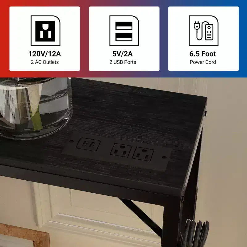 Narrow Black Console Table with Power Outlets & USB Ports, Slim Metal & Wood Accent Table