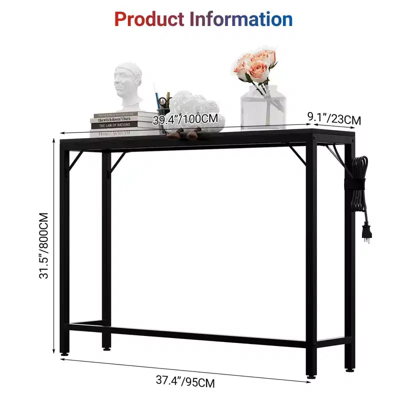 Narrow Black Console Table with Power Outlets & USB Ports, Slim Metal & Wood Accent Table