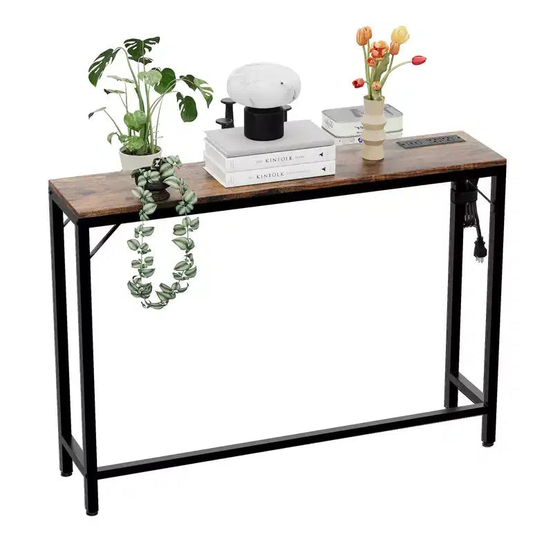 Narrow Black Console Table with Power Outlets & USB Ports, Slim Metal & Wood Accent Table