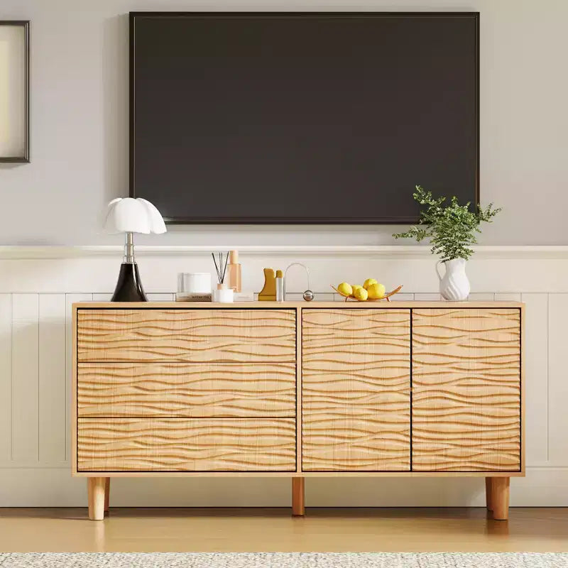 Mid-Century 61" Sideboard Buffet Cabinet with Undulating Groove Design, 3 Drawers & 2 Doors