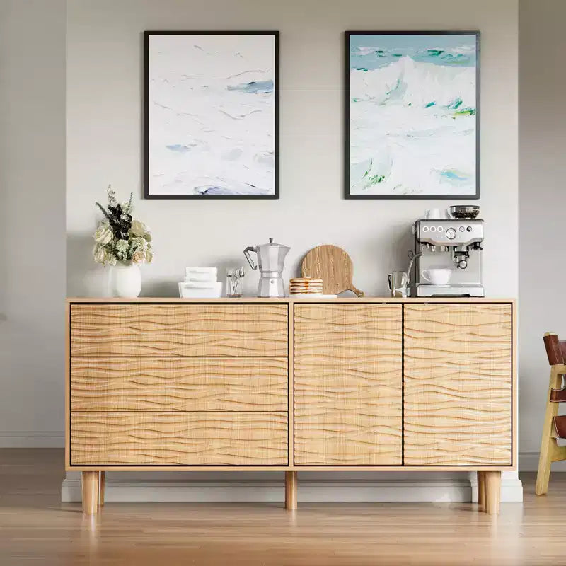 Mid-Century 61" Sideboard Buffet Cabinet with Undulating Groove Design, 3 Drawers & 2 Doors