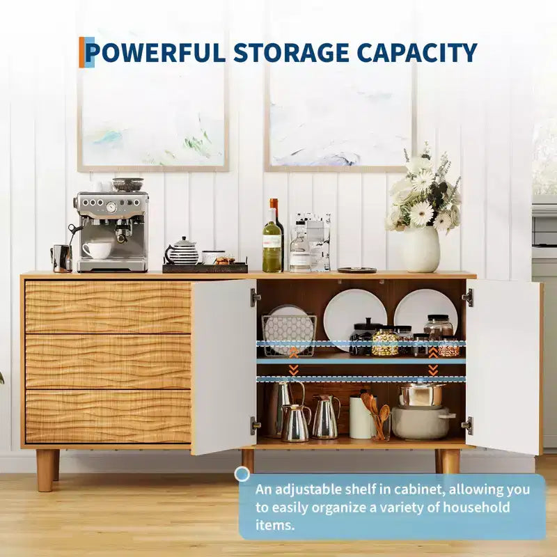 Mid-Century 61" Sideboard Buffet Cabinet with Undulating Groove Design, 3 Drawers & 2 Doors