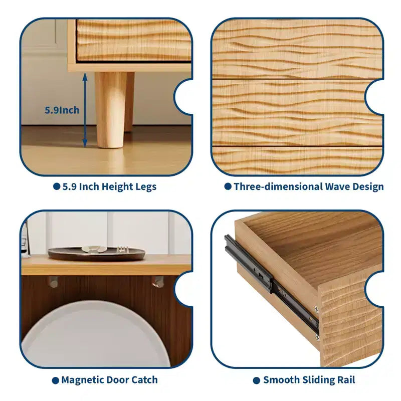 Mid-Century 61" Sideboard Buffet Cabinet with Undulating Groove Design, 3 Drawers & 2 Doors