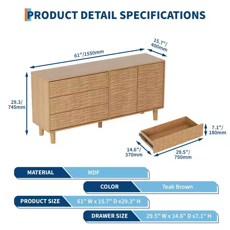 Mid-Century 61" Sideboard Buffet Cabinet with Undulating Groove Design, 3 Drawers & 2 Doors