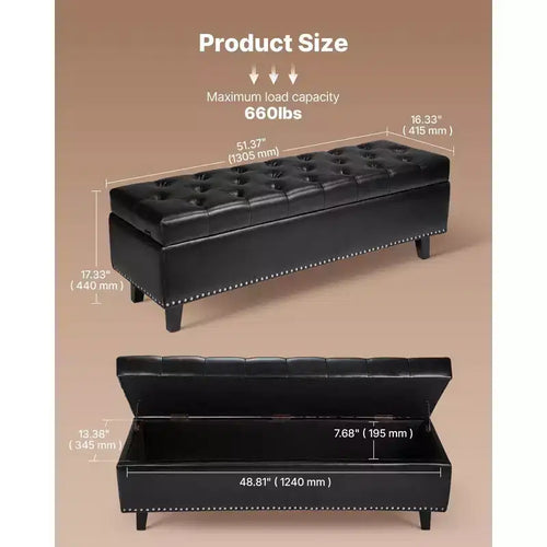 Banc de rangement capitonné en similicuir noir de 130 cm, supportant jusqu'à 136 kg, pour entrée et chambre