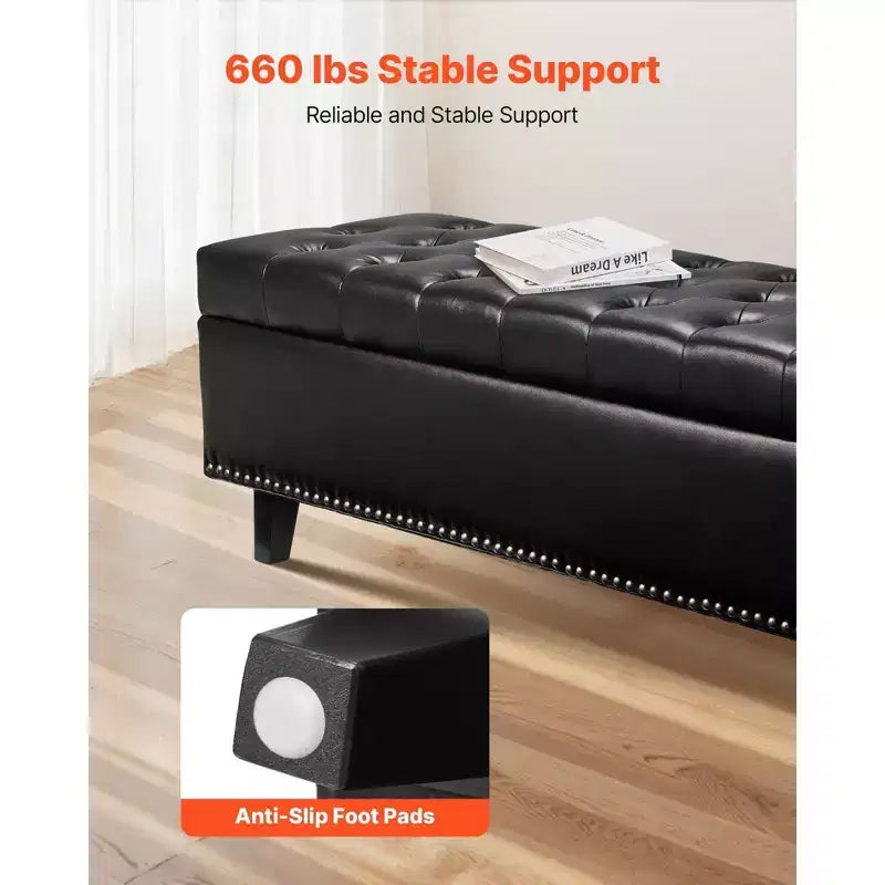51" Black PU Leather Button-Tufted Storage Ottoman Bench, 300LBS for Entryway & Bedroom