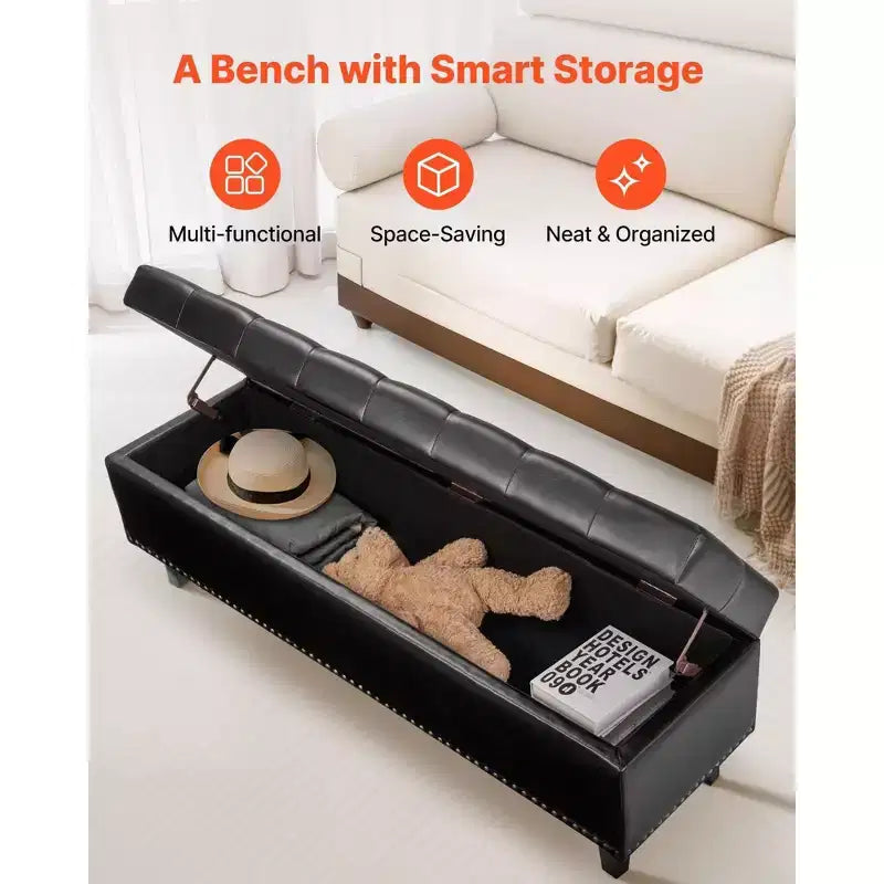 51" Black PU Leather Button-Tufted Storage Ottoman Bench, 300LBS for Entryway & Bedroom
