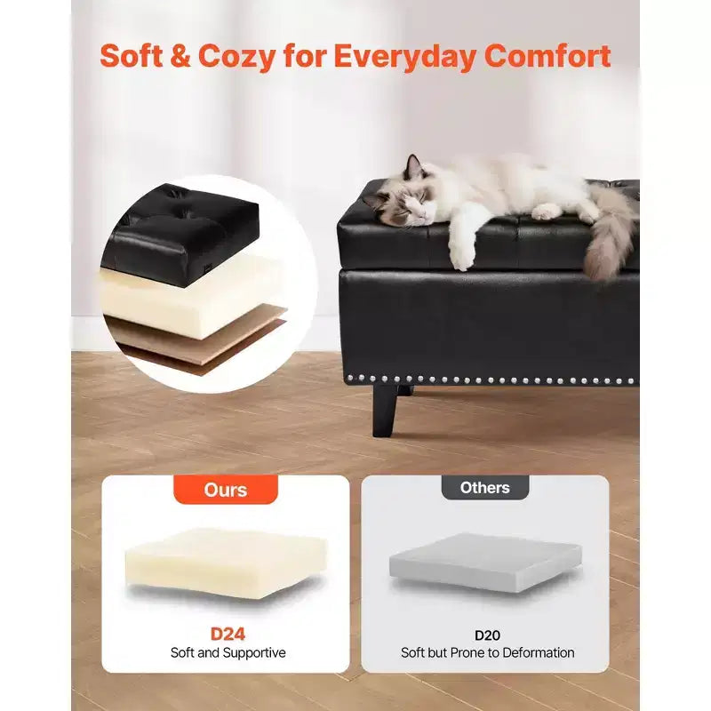 51" Black PU Leather Button-Tufted Storage Ottoman Bench, 300LBS for Entryway & Bedroom