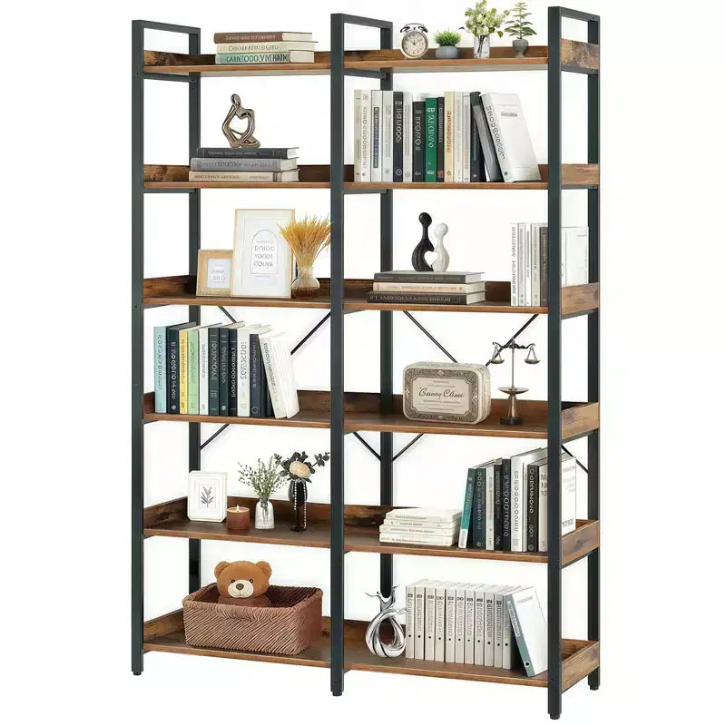 6-Tier Industrial Bookshelf (67) - Wooden Open Shelves, Metal Frame Bookcase, Freestanding Storage Display for Home & Office (Brown)