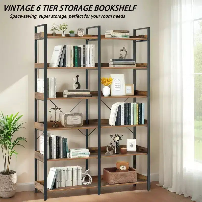 6-Tier Industrial Bookshelf, 67", Wooden Open Shelves & Metal Frame, Freestanding Storage